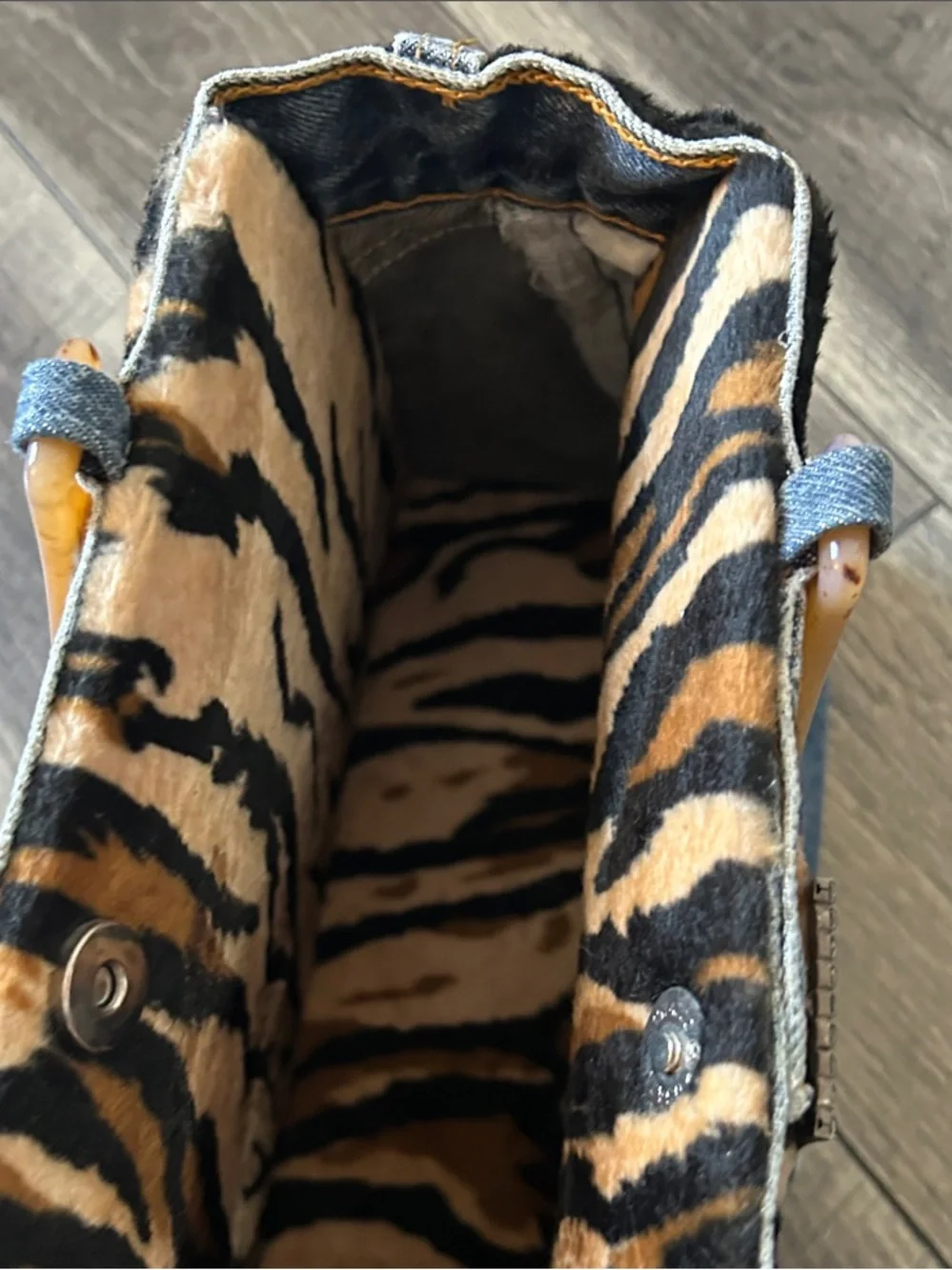 Levi's Denim Satchel with Tiger Print and Amber Handles